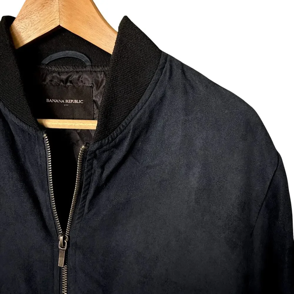 Banana Republic Vegan Faux Suede Bomber Jacket Mens Small Navy Blue Full Zip